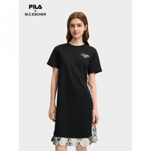 FILA 斐乐官方女子针织连衣裙2025秋季新款时尚休闲舒适拼接T恤裙 正黑色-BK L 170/88A/L